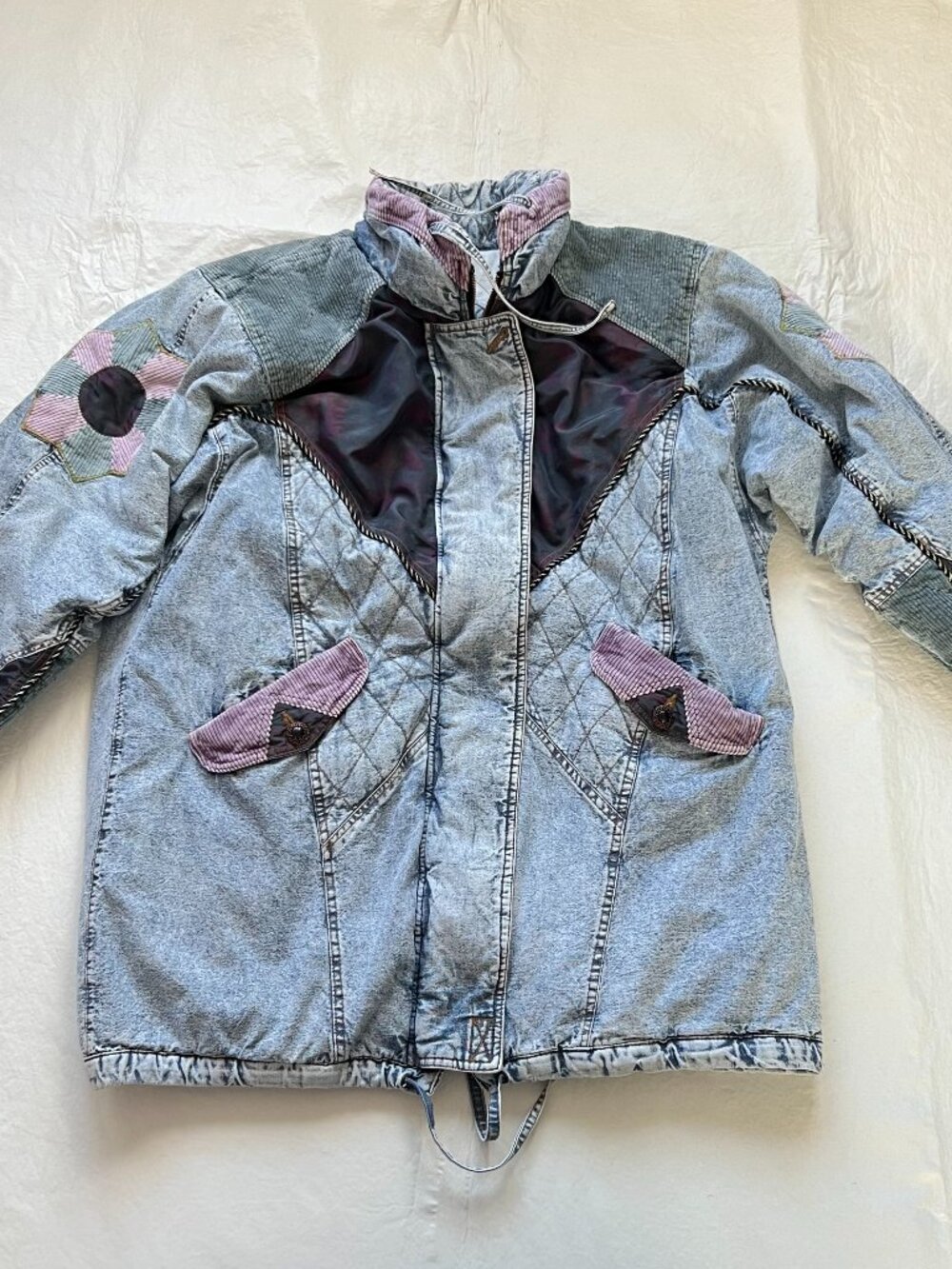 Vintage 90s denim coat womens large patchwork mid length quilted jean flowers